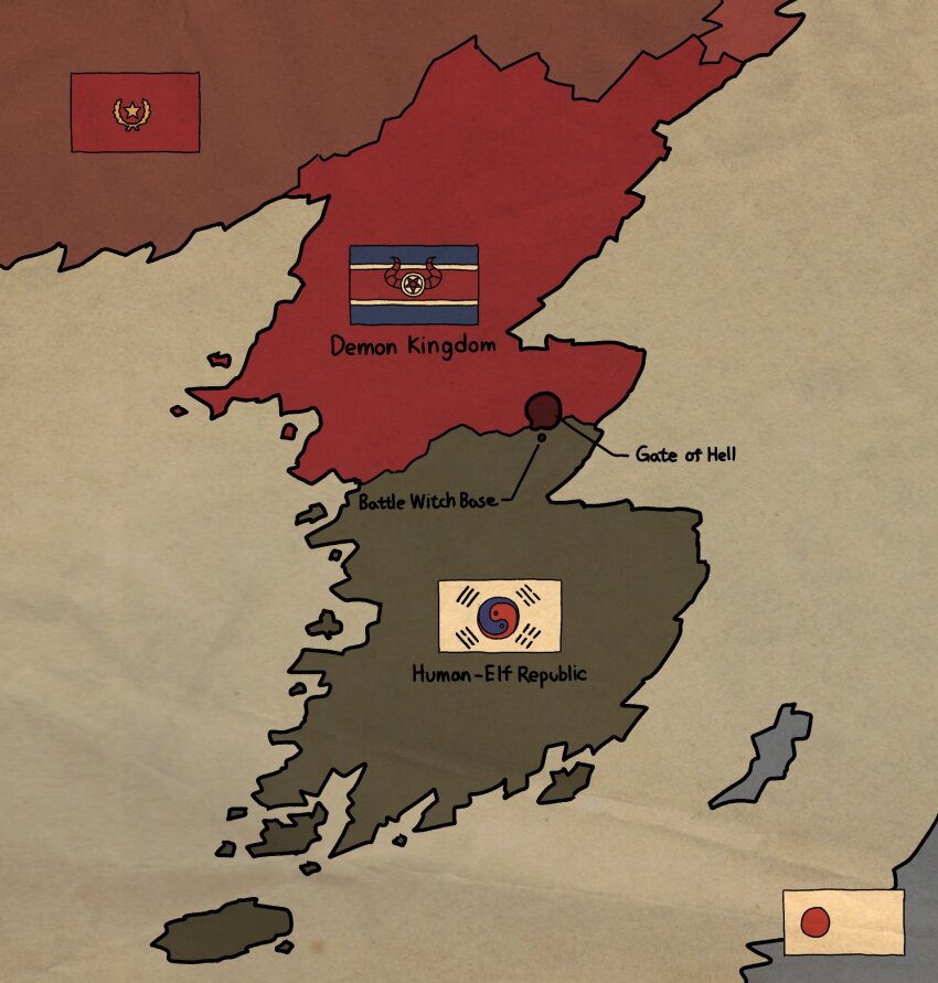 commentary english_commentary english_text highres island japanese_flag karepack map no_humans north_korean_flag orb original pentagram south_korean_flag star_(symbol) water yin_yang yin_yang_orb