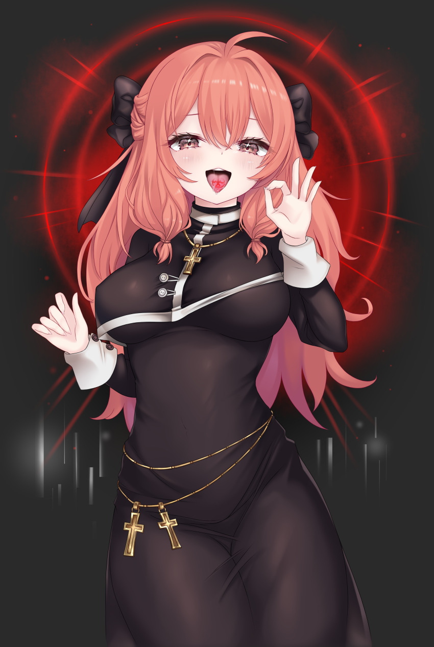 1girl absurdres black_ribbon breasts brown_dust_(series) brown_dust_2 chicami cross cross_necklace dress fellatio_gesture hair_ornament hair_ribbon highres jewelry liberta_(brown_dust_2) liberta_(dark_saintess)_(brown_dust_2) long_hair long_sleeves looking_at_viewer medium_breasts necklace nun open_mouth pink_hair red_eyes ribbon simple_background solo tongue tongue_out tongue_tattoo