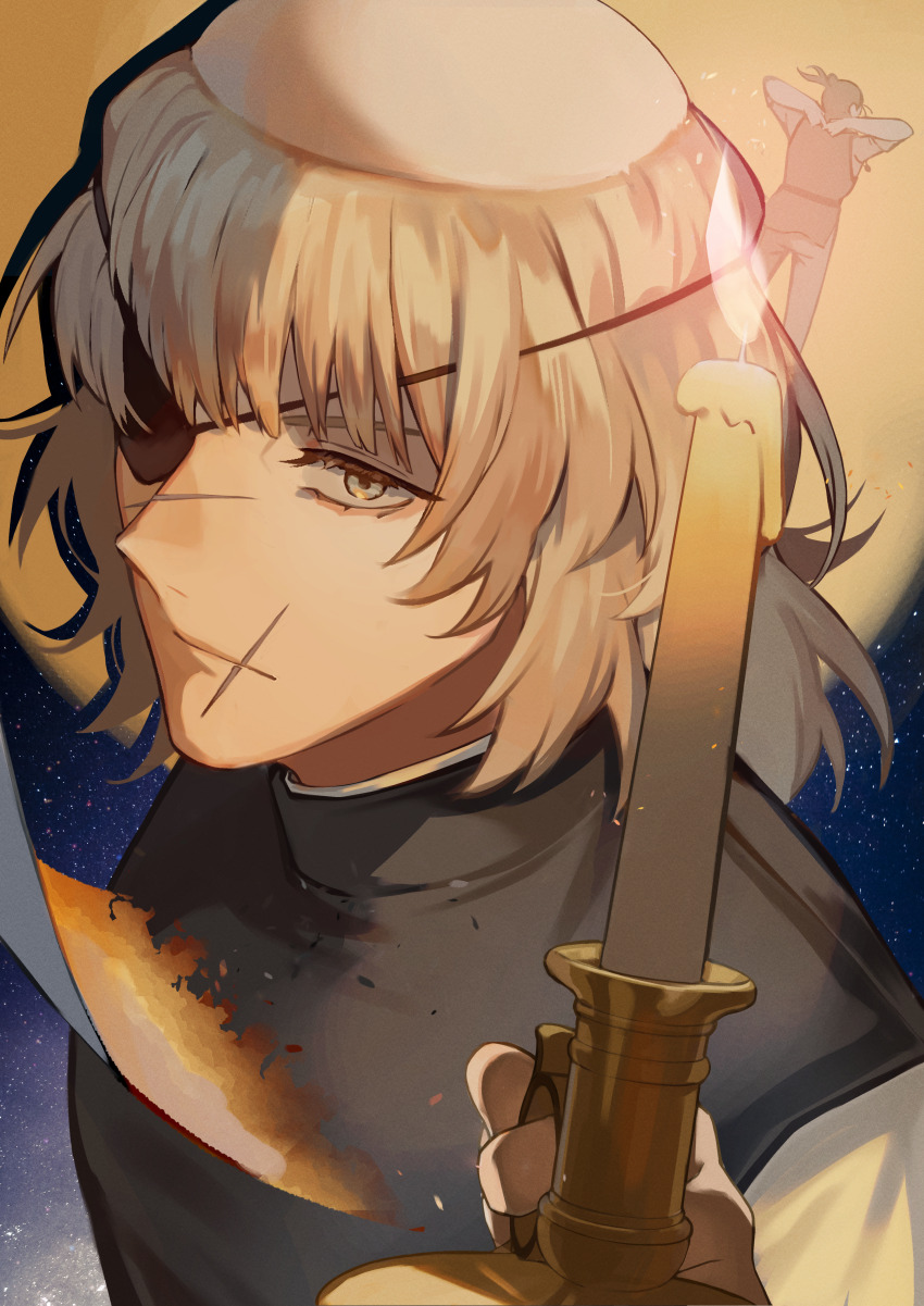 2boys absurdres badeni balding black_shirt blonde_hair burning burning_paper candle chi.:_chikyuu_no_undou_ni_tsuite eyelashes eyepatch full_moon highres holding holding_candle miynot moon multiple_boys oczy scar scar_on_face scar_on_mouth shirt short_hair solo_focus tonsure