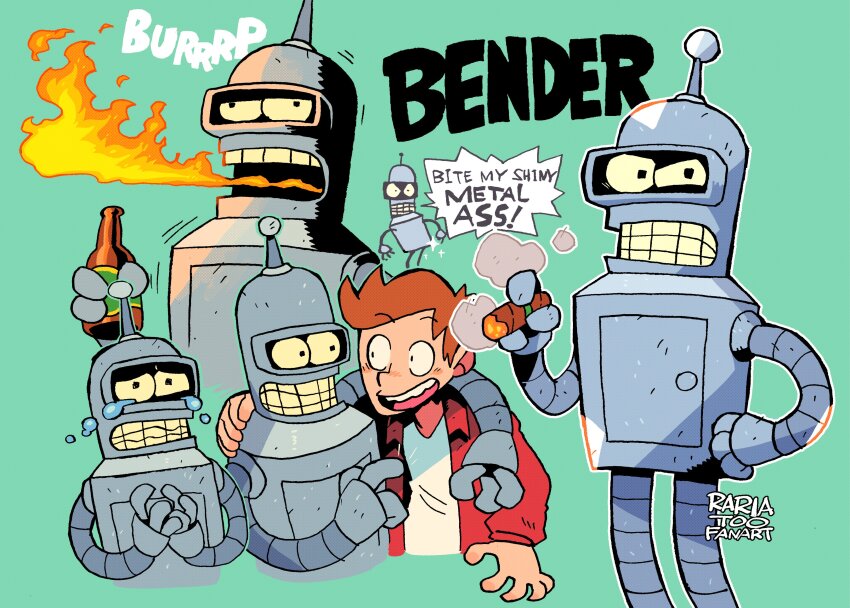 absurdres alcohol arm_on_another&#039;s_shoulder beer_bottle bender_bending_rodriguez breath_weapon breathing_fire burp catchphrase cigar crying crying_with_eyes_open english_text fire friends futurama highres holding holding_cigar humanoid_robot jacket looking_at_viewer multiple_boys open_mouth orange_hair philip_j_fry profanity rariatto_(ganguri) robot shirt short_hair simple_background smile smoke smoking sound_effects speech_bubble standing tears