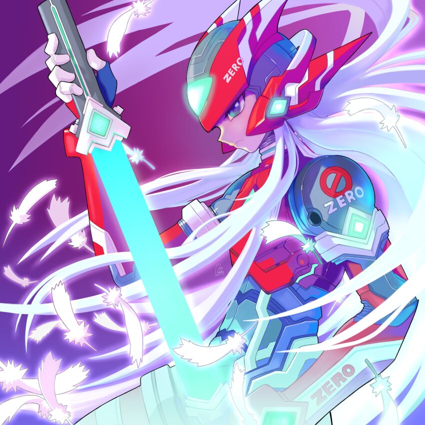 1boy android armor character_name cowboy_shot derivative_work energy_sword feathers forehead_jewel helmet highres holding holding_sword holding_weapon lessgalaxy long_hair male_focus mega_man_(series) mega_man_zero_(series) official_alternate_costume purple_background red_armor red_helmet simple_background solo sword very_long_hair weapon white_feathers white_hair zero(z)_(mega_man) zero_(mega_man)