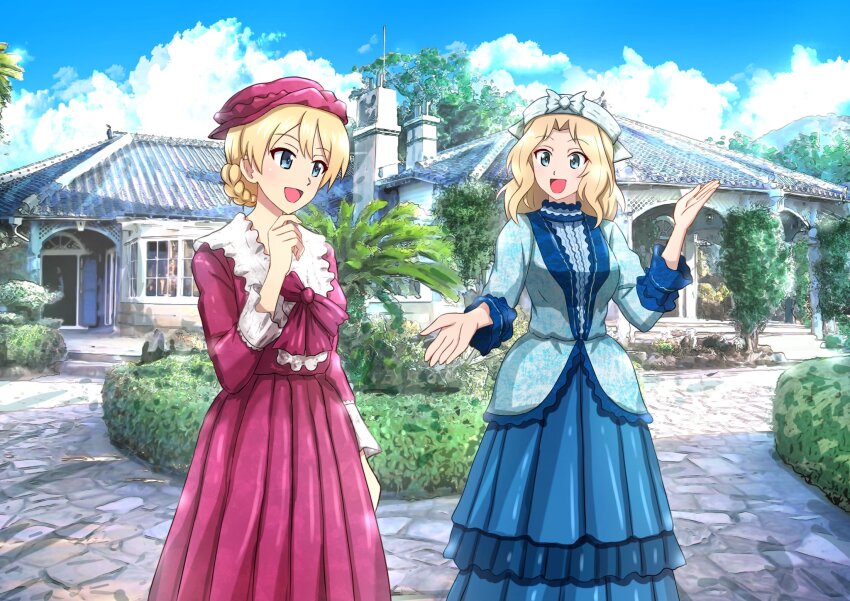 2girls alternate_costume blonde_hair blue_dress blue_eyes blue_sky bush cloud cloudy_sky commission darjeeling_(girls_und_panzer) door dress girls_und_panzer highres house kay_(girls_und_panzer) long_hair looking_at_another mountain multiple_girls omachi_(slabco) open_mouth outdoors pink_dress second-party_source sky standing tree window
