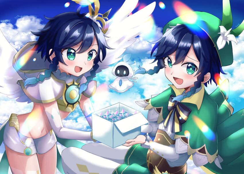 1other 2boys :d aqua_eyes barbatos_(genshin_impact) blue_hair blush box braid bridal_gauntlets brown_corset capelet cloak commentary corset cowboy_shot cropped_shirt detached_wings elemental_(creature) english_commentary feathered_wings flower flying genshin_impact gold_trim green_capelet green_shorts hair_flower hair_ornament hat hat_flower highres holding holding_box holding_together hood hood_up hooded_capelet hooded_cloak long_sleeves looking_at_another looking_at_viewer multiple_boys navel open_box open_mouth pantyhose primogem shirt short_hair short_shorts shorts simappi single_thighhigh smile stomach thighhighs time_paradox trap twin_braids venti_(archon)_(genshin_impact) venti_(genshin_impact) white_bridal_gauntlets white_capelet white_cloak white_pantyhose white_shirt white_shorts white_thighhighs white_wings wings