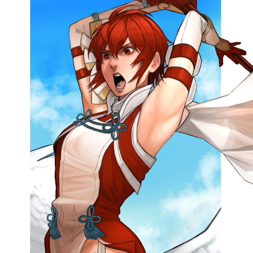 1girl armor armpits arms_up breasts fire_emblem fire_emblem_fates highres hinoka_(fire_emblem) japanese_clothes naginata nanbu_yasumi nintendo polearm red_eyes red_hair short_hair small_breasts solo weapon