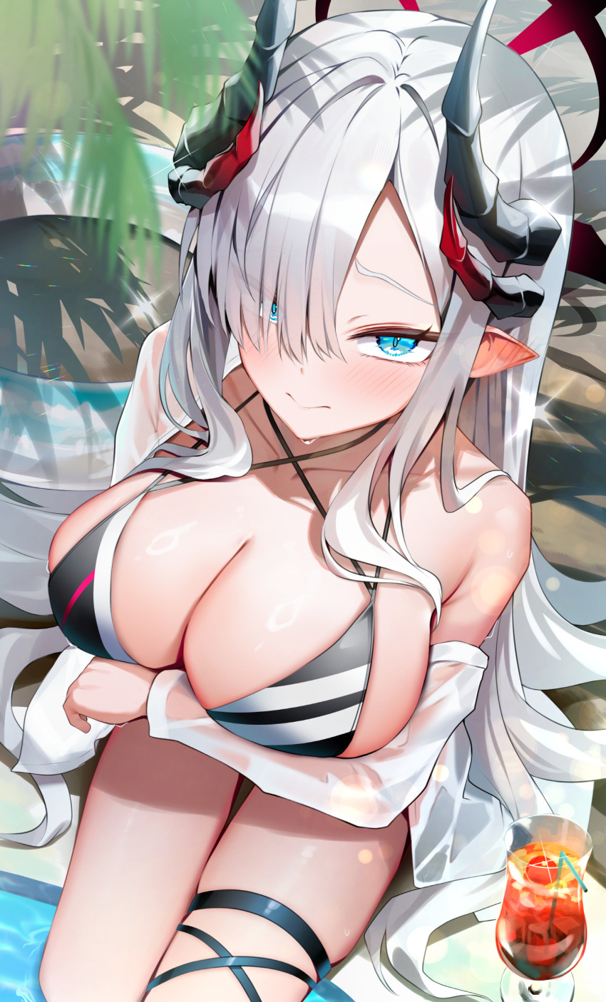 1girl absurdres arms_under_breasts bare_shoulders bikini black_halo blue_archive blue_eyes breasts cherry cleavage collarbone commentary_request cup dark_skin demon_horns drink drinking_glass food fruit hair_over_one_eye halo halo_behind_head highres horns innertube large_breasts leaf long_hair looking_at_viewer makoto_(blue_archive) plant pointy_ears pool red_halo shiny_skin shirt shuvi_(shuvi1125) sitting solo striped_bikini striped_clothes sun_glare swim_ring swimsuit thigh_strap thighhighs water wet wet_clothes wet_shirt white_hair