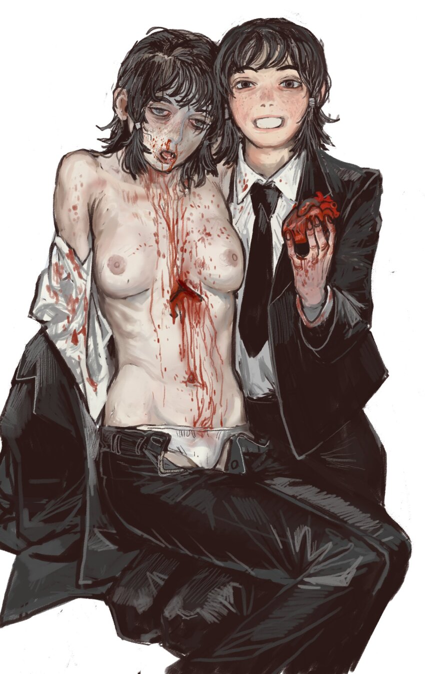 2girls black_eyes black_hair black_jacket black_necktie blood blood_on_clothes breasts chainsaw_man death empty_eyes formal_clothes grin guro heart_(organ) highres holding_heart_(organ) jacket mifune_fumiko mossacannibalis multiple_girls navel necktie nipples pant_suit panties pants sidelocks simple_background small_breasts smile spoilers suit suit_jacket teeth underwear white_background white_panties