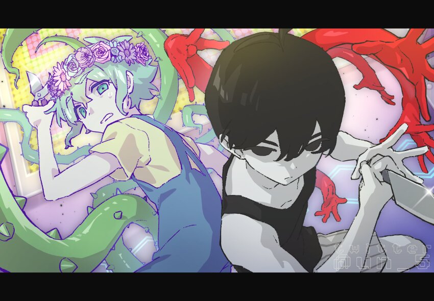 2boys ahoge basil_(headspace)_(omori) basil_(omori) black_eyes black_hair black_tank_top blue_overalls colored_skin dynamic_pose empty_eyes expressionless flower flower_wreath glint green_eyes green_hair hair_ornament head_wreath highres holding holding_knife kitchen_knife knife letterboxed looking_at_viewer multiple_boys no_pupils omori omori_(omori) overall_shorts overalls parted_lips partially_colored gardening_shears shears shirt short_hair short_sleeves shorts sleeveless striped_clothes striped_shorts sweatdrop tank_top tendoshi twitter_username watermark white_skin yellow_shirt