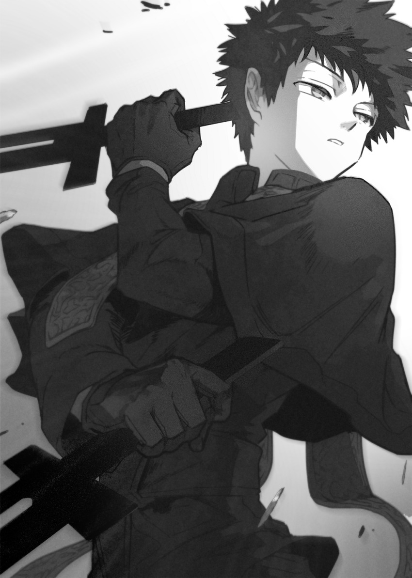 1boy capelet dual_wielding fighting_stance gloves greyscale hand_up highres holding holding_sword holding_weapon kazama_souya kzmsnmjkk long_sleeves looking_to_the_side male_focus monochrome priest robe shards short_hair short_sword solo sword upper_body veil weapon world_trigger