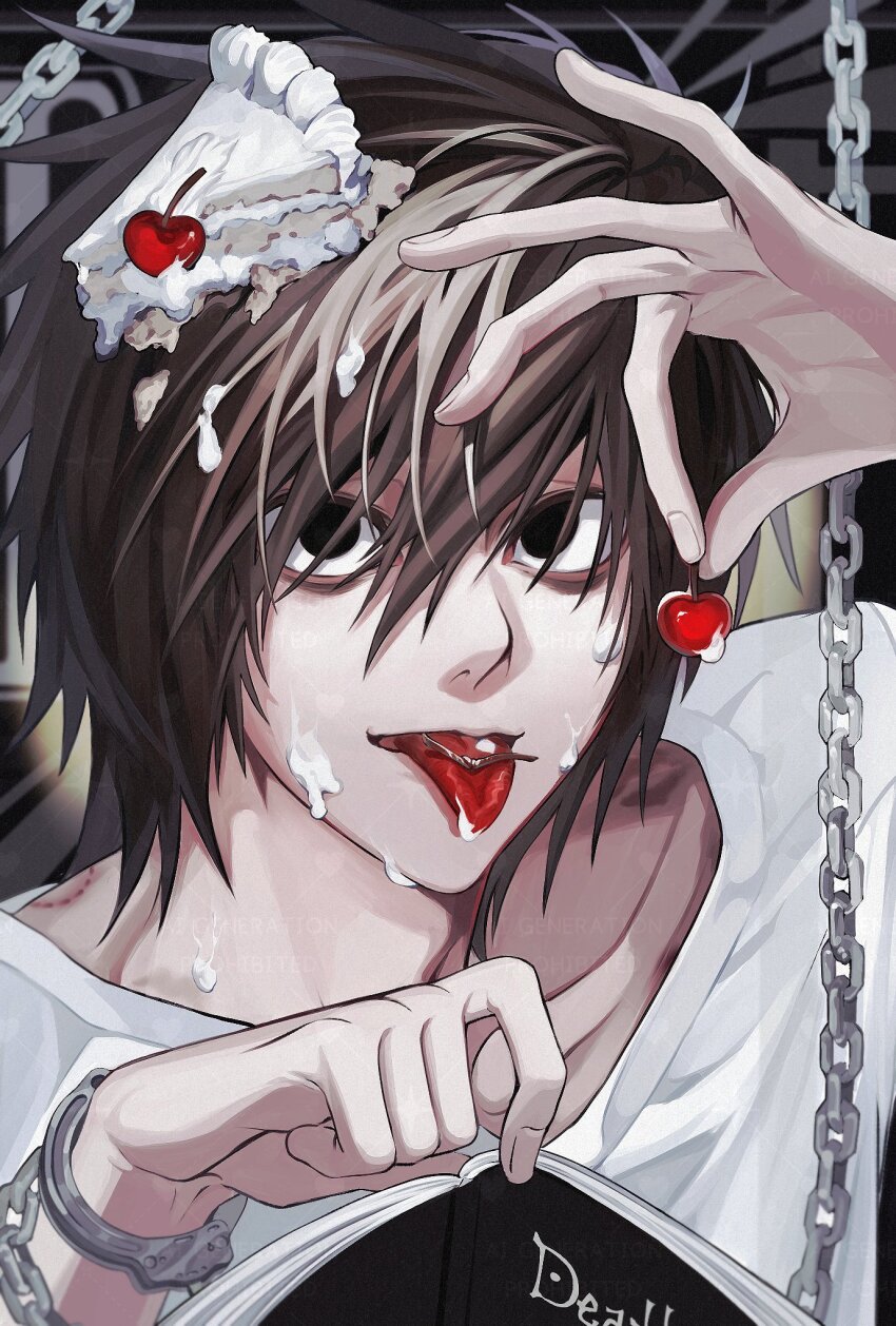 1boy bags_under_eyes bite_mark bite_mark_on_shoulder black_eyes brown_hair cake cake_on_head cake_slice chain cherry collarbone cuffs death_note death_note_(object) food fruit hair_between_eyes handcuffs highres holding holding_food holding_fruit konoko-tachi_(107omoide) l_(death_note) male_focus shirt short_hair solo tongue tongue_out white_shirt