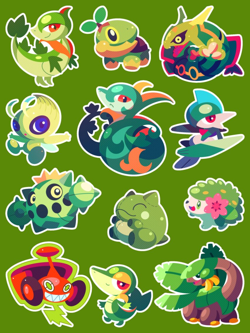 absurdres banana black_sclera blue_eyes cacnea celebi closed_mouth colored_sclera colored_skin commentary fairy_wings food fruit gallade gen_2_pokemon gen_3_pokemon gen_4_pokemon gen_5_pokemon green_background green_eyes green_hair green_theme grin highres leaf legendary_pokemon mythical_pokemon nintendo no_humans pokemon pokemon_(creature) rayquaza red_eyes rotom rotom_(mow) serperior servine shaymin shaymin_(land) shichi_(7cube_ori) simple_background smile snake snivy substitute_(pokemon) tail teeth tropius turtwig white_skin wings yellow_eyes