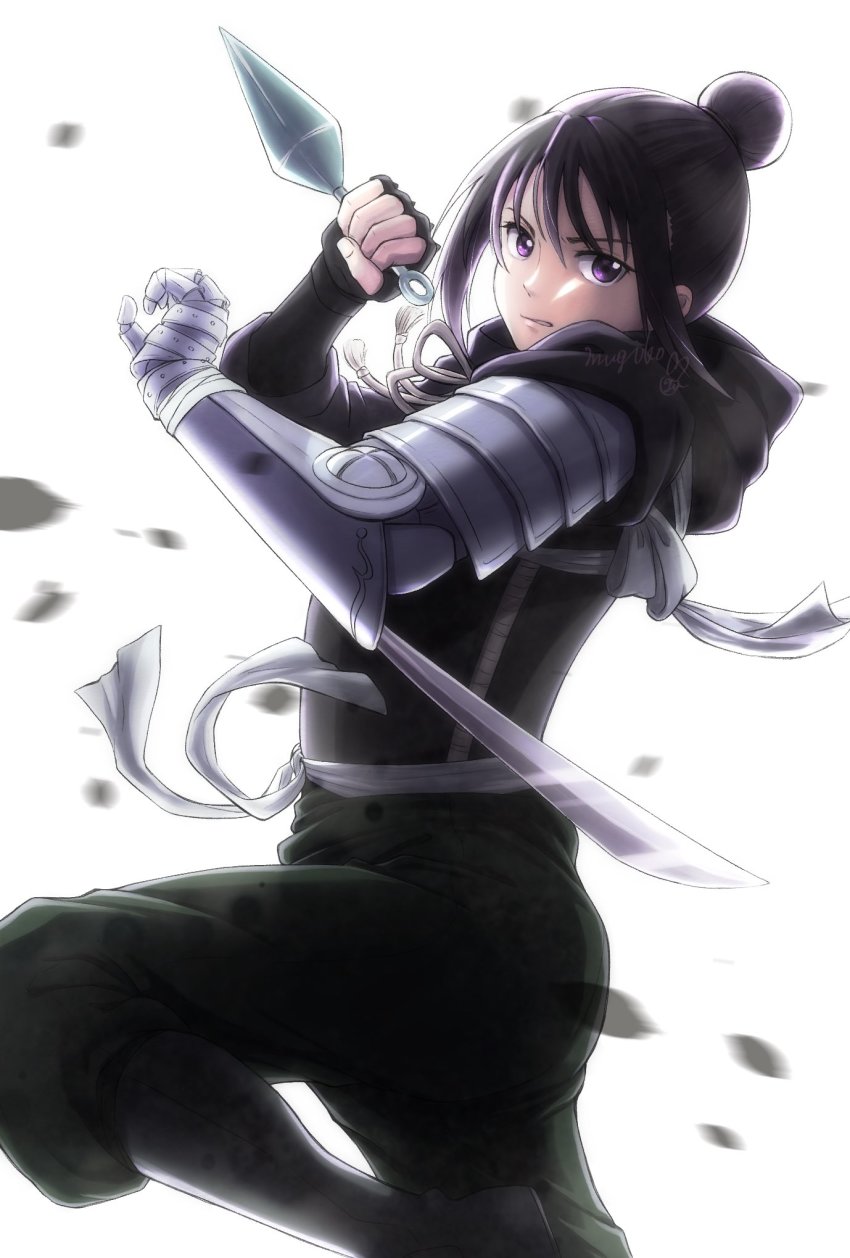 1girl arm_blade armor automail bandaged_hand bandages black_boots black_gloves black_hair black_pants boots falling_leaves fingerless_gloves from_side fullmetal_alchemist gloves hair_bun hands_up highres holding holding_weapon hood hood_down knee_boots kunai lan_fan leaf long_sleeves looking_at_viewer mugi_exe pants pants_tucked_in purple_eyes sash shoulder_armor sidelocks signature simple_background single_hair_bun solo standing standing_on_one_leg weapon white_background wind
