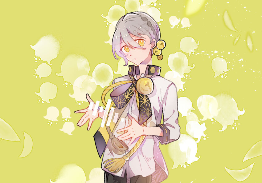 1boy :o androgynous artist_request asa_no_ha_(pattern) asymmetrical_sidelocks bell black_necktie black_pants braid collared_shirt falling_petals fanged_bangs french_braid grey_hair hair_bell hair_between_eyes hair_ornament head_tilt highres iori_yuzuru jingle_bell looking_at_viewer multiple_neckties neck_bell necktie official_art open_hands pants parted_lips petals ribbon-trimmed_sleeves ribbon_trim shirt short_hair side_braid sleeves_rolled_up solo tassel voiceroid yellow_background yellow_eyes yellow_necktie yellow_rope