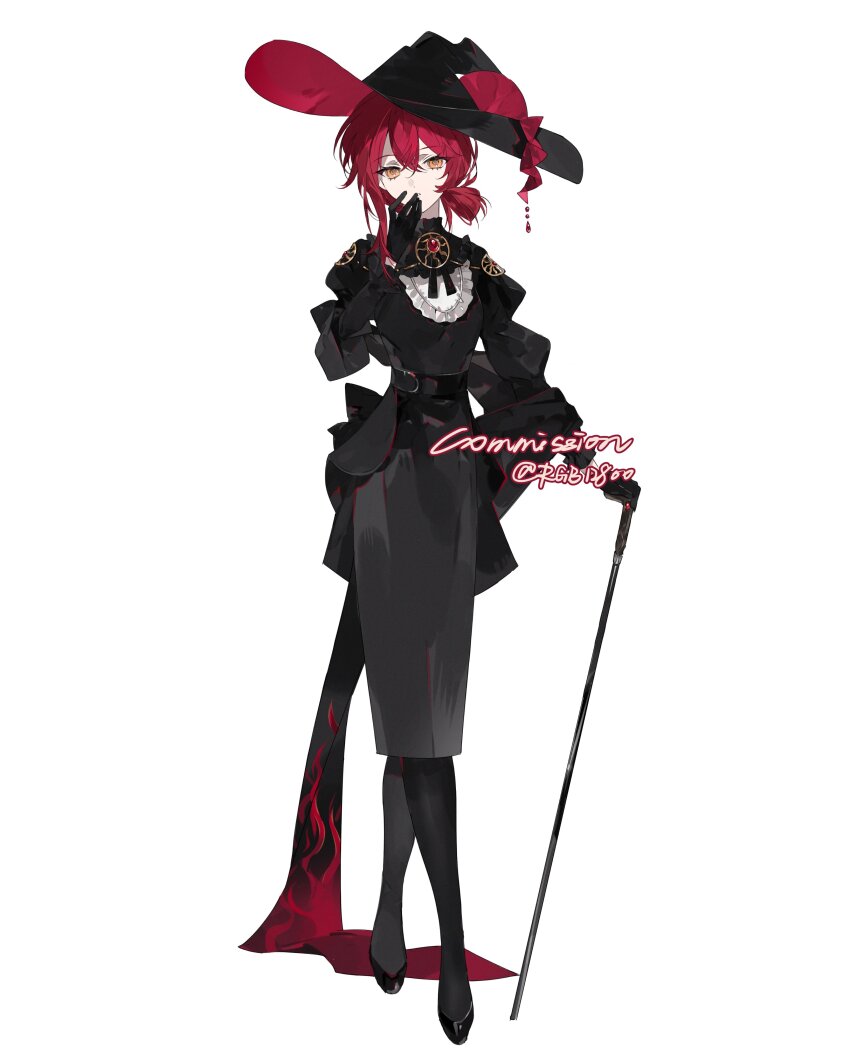 1girl absurdres black_dress black_hat cane dress english_text full_body gloves hair_between_eyes hat highres holding holding_cane long_sleeves original pantyhose ponytail puffy_sleeves red_eyes red_hair rgb12800 short_ponytail solo standing watermark white_background witch_hat