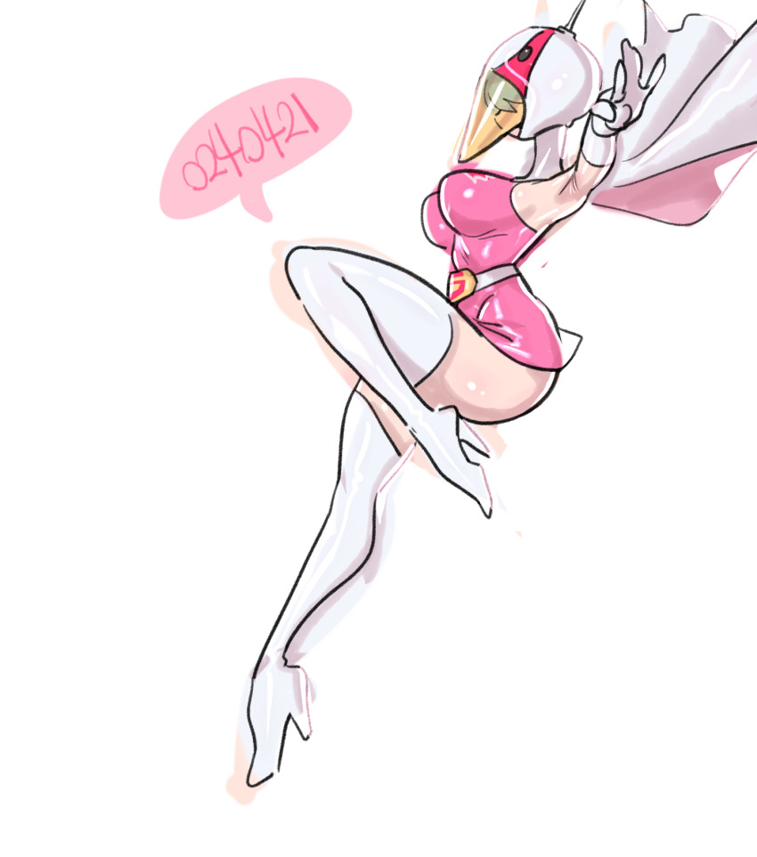 1girl alternate_breast_size animal_helmet artist_request ass belt bodysuit breasts cape cowboy_shot curvy elbow_gloves eyelashes gatchaman gloves highres huge_ass jumping jun_the_swan outdoors shiny_skin solo thighhighs white_background white_belt white_cape white_gloves white_thighhighs wide_hips