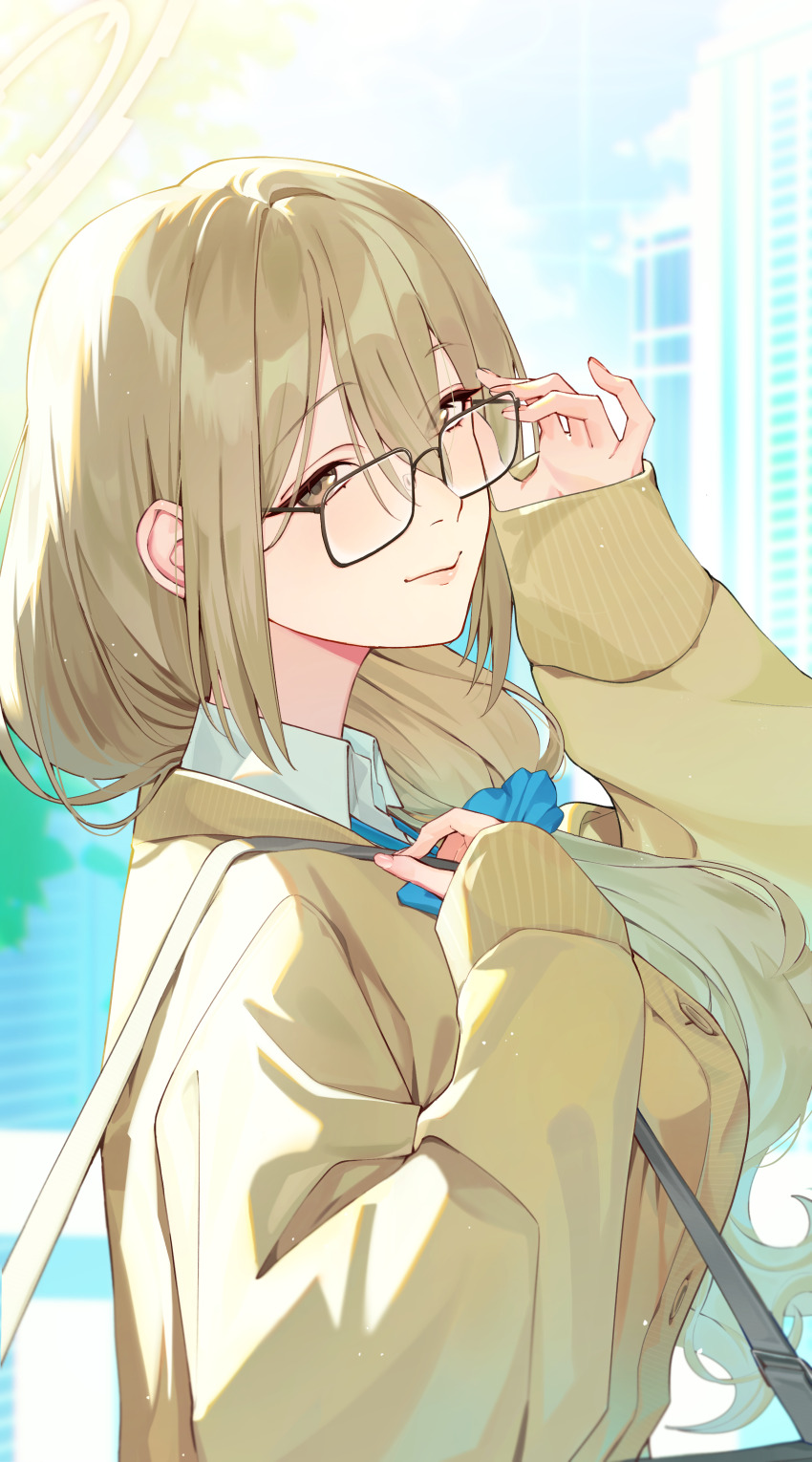 1girl absurdres adjusting_eyewear akane_(blue_archive) akane_(school_uniform)_(blue_archive) bag black-framed_eyewear blue_archive blue_bow blue_bowtie bow bowtie breasts brown_halo cardigan collared_shirt from_side glass halo hand_on_eyewear highres large_breasts light_smile long_hair looking_at_viewer low_side_ponytail nefula14 shirt shoulder_bag solo upper_body white_shirt