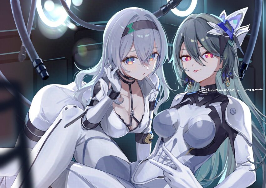 2girls ass bent_over black_hairband bodysuit breasts cleavage earrings firefly_(ar-26710)_(honkai:_star_rail) firefly_(honkai:_star_rail) grey_hair hair_ornament hairband honkai:_star_rail honkai_(series) honkai_impact_3rd jewelry large_breasts long_hair multicolored_eyes multiple_girls official_alternate_costume purple_eyes roena tongue tongue_out twitter_username two-tone_eyes v vita_(bodysuit)_(honkai_impact) vita_(honkai_impact) white_bodysuit