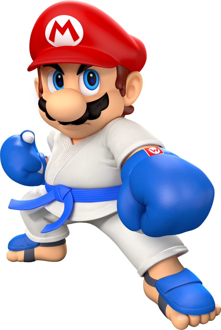 1boy 3d absurdres arm_up belt big_nose blue_eyes blue_gloves boxing_gloves brown_hair cabbie_hat clenched_hands closed_mouth clothes_writing dougi facial_hair feet fighting_stance foot_protector full_body gloves hand_up hat highres karate_gi legs_apart looking_afar male_focus mario mario_&amp;_sonic_(series) mario_&amp;_sonic_at_the_tokyo_2020_olympic_games mario_(series) mustache nintendo official_art outstretched_arm red_hat serious short_hair simple_background solo spread_legs standing third-party_source toes transparent_background v-shaped_eyebrows