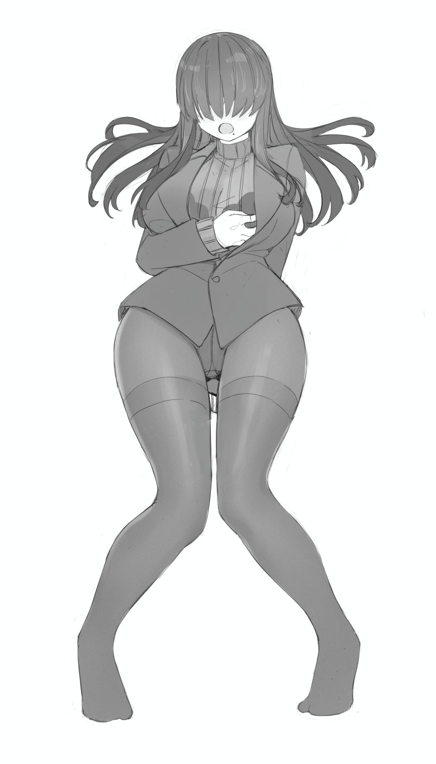 1girl absurdres black_pantyhose blush breasts full_body greyscale hair_over_eyes highres hornfelstone kakure_meme large_breasts long_hair mole mole_under_mouth monochrome no_pants pantyhose simple_background thighs white_background