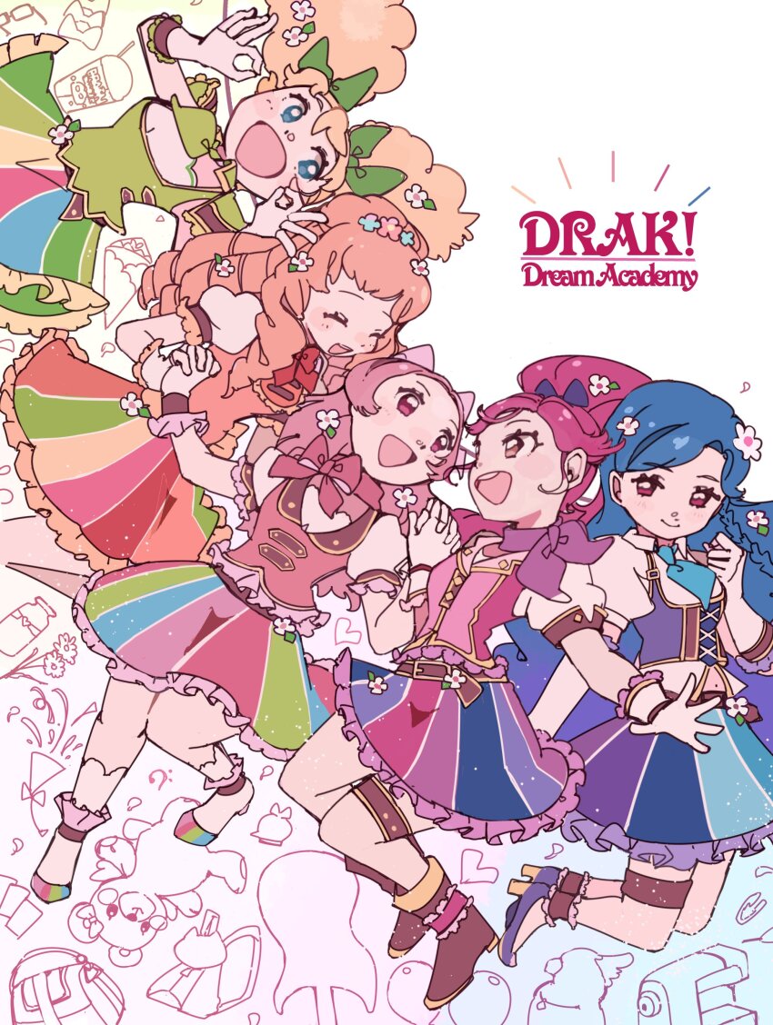 5girls absurdres aikatsu! aikatsu!_(series) blonde_hair blue_eyes blue_hair blush doodle_background double_ok_sign english_text flower frilled_skirt frills hair_flower hair_ornament high_heels highres himesato_maria holding_hands idol kazesawa_sora multiple_girls ok_sign open_mouth otoshiro_noel otoshiro_seira pink_hair puffy_short_sleeves puffy_sleeves saegusa_kii short_sleeves skirt smile vest waistcoat yukikokoro