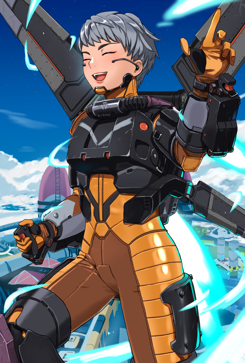 1girl ^_^ apex_legends apmix armor blush boots breastplate closed_eyes cloud closed_eyes flying gloves grey_hair highres in-universe_location jetpack armored_boots olympus_(apex_legends) orange_gloves short_hair sky smile solo thigh_boots thighhighs valkyrie_(apex_legends)