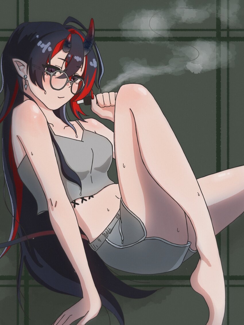 1girl absurdres alternate_costume barefoot black_hair black_horns blush breasts camisole closed_mouth commentary_request crop_top demon_girl demon_horns demon_tail dolphin_shorts earrings electronic_cigarette expressionless foot_out_of_frame glasses green_background grey-framed_eyewear grey_camisole grey_shorts highres holding_electronic_cigarette horns jewelry long_hair looking_at_viewer medium_breasts midriff multicolored_hair nanashi_inc. navel pointy_ears red_hair ryugasaki_rene shorts solo sweat tail two-tone_hair very_long_hair virtual_youtuber you_mou