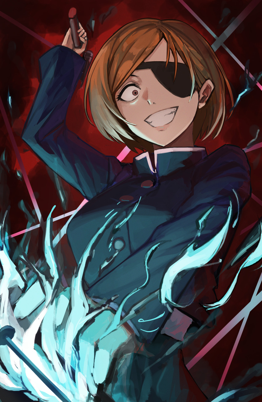 1girl absurdres blazer blue_jacket blue_skirt breasts brown_eyes brown_hair claw_hammer eyepatch gabang hammer highres holding holding_hammer holding_nail jacket jujutsu_kaisen jujutsu_tech_uniform kugisaki_nobara large_breasts long_sleeves looking_at_viewer nail nail_(hardware) school_uniform short_hair skirt smile solo teeth