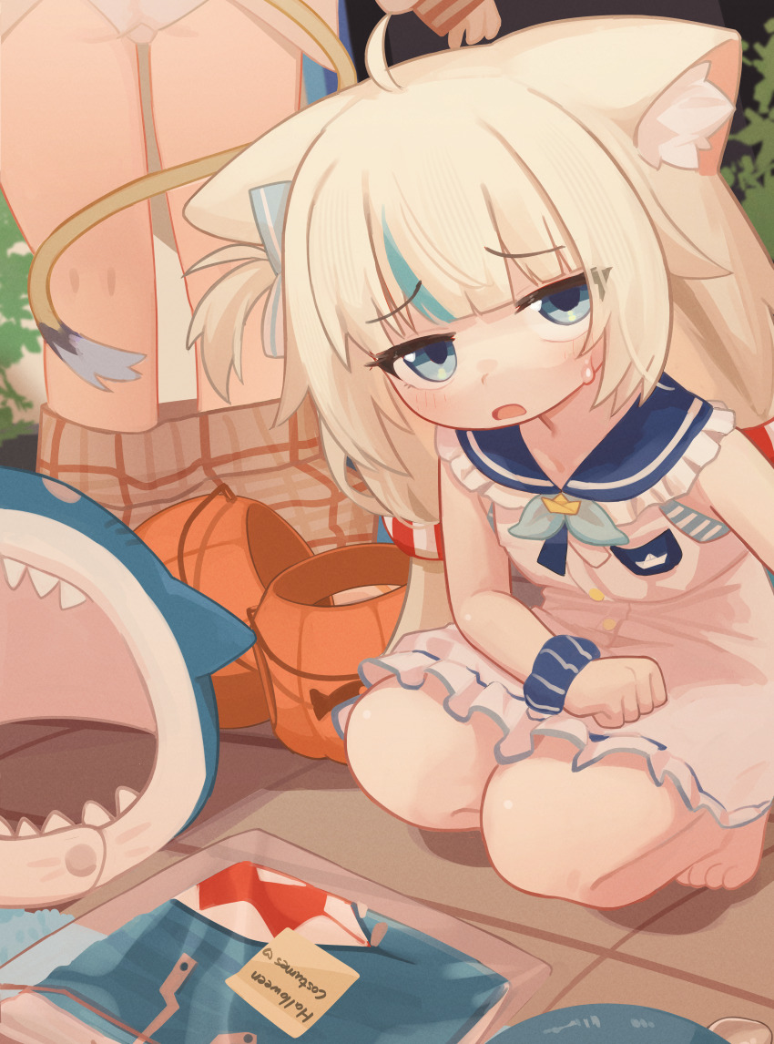 2girls absurdres ahoge animal_ear_fluff animal_ears barefoot blue_eyes blue_hair blue_sailor_collar blue_scrunchie cat_ears commentary cosplay dooby dress english_commentary frilled_sailor_collar frills gawr_gura highres hololive hololive_english huge_filesize indie_virtual_youtuber looking_at_viewer low_twintails multicolored_hair multiple_girls nanachides one_side_up open_mouth panties sailor_collar sailor_dress sameko_saba scrunchie squatting streaked_hair tail toes twintails two-tone_hair underwear virtual_youtuber voice_actor_connection watson_amelia watson_amelia_(cosplay) white_dress white_hair white_panties wrist_scrunchie