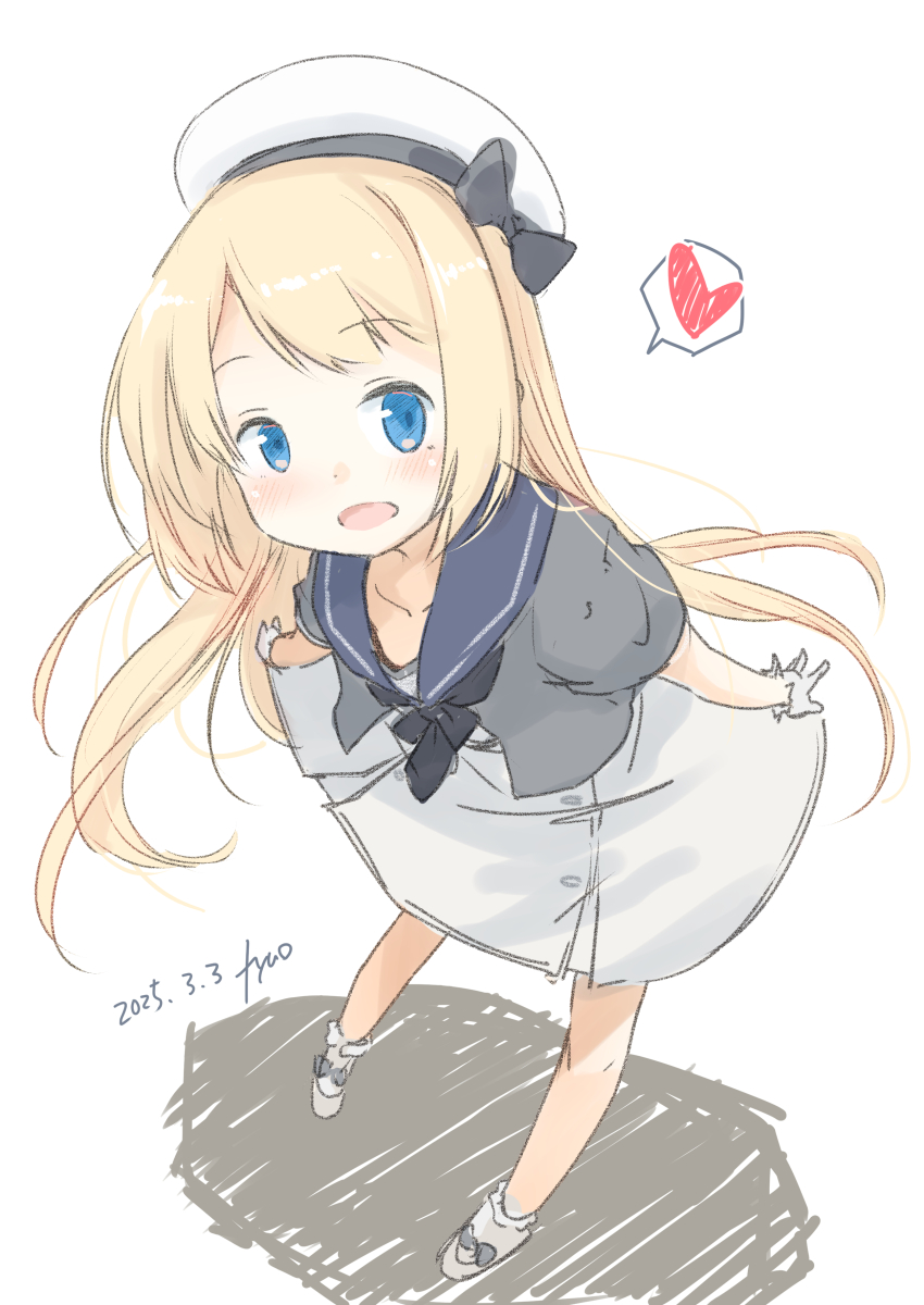 1girl absurdres artist_name black_neckerchief blonde_hair blue_eyes blue_sailor_collar dated dress full_body fyuo gloves grey_jacket hat heart highres jacket jervis_(kancolle) kantai_collection logo long_hair looking_at_viewer neckerchief one-hour_drawing_challenge sailor_collar sailor_dress sailor_hat short_sleeves simple_background socks solo spoken_heart white_background white_dress white_gloves white_hat white_socks