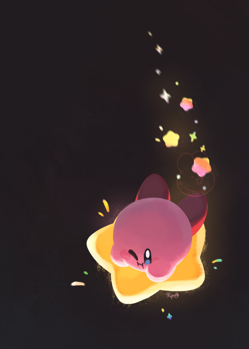 black_background blush_stickers colored_skin highres jinglebunns kirby kirby_(series) kirby_air_ride kirby_air_riders nintendo no_humans one_eye_closed pink_skin pout signature simple_background sparkle star_(symbol) warp_star watermark