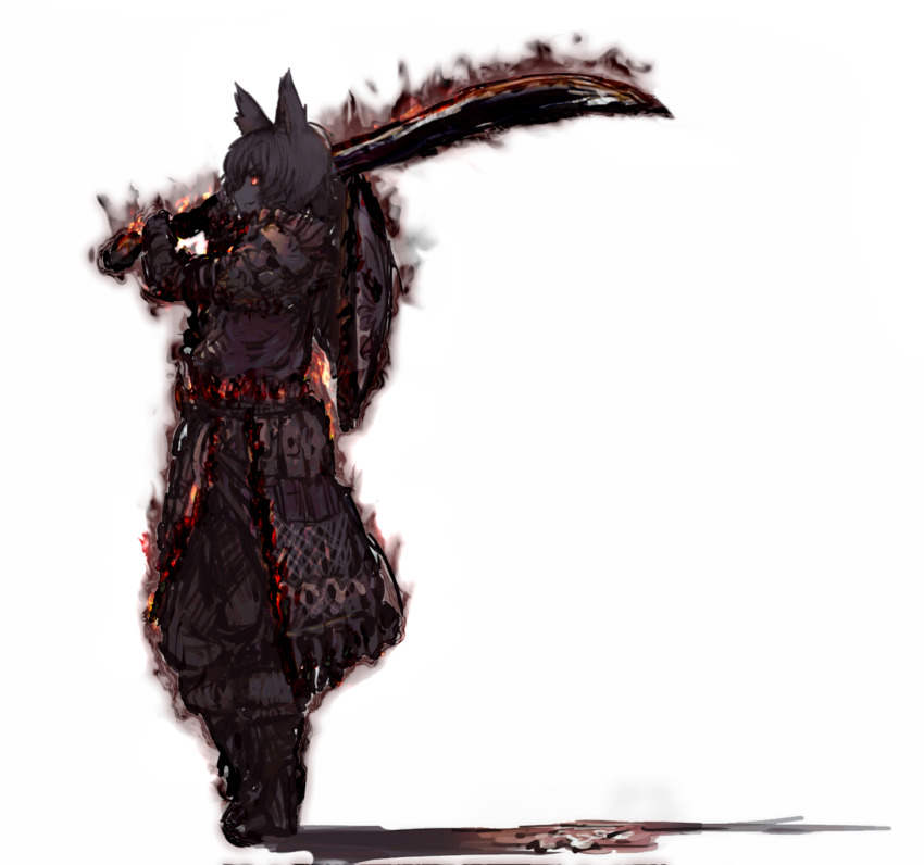 1girl animal_ears armor aura black_fire black_hair cosplay dark_souls_(series) dark_souls_i energy faulds female_focus fire full_body glowing hellhound_(monster_girl_encyclopedia) highres inubashiri_momiji monster_girl monster_girl_encyclopedia monster_girl_encyclopedia_ii nameo_(judgemasterkou) over_shoulder shield shiva_of_the_east shiva_of_the_east_(cosplay) short_hair short_sword smile solo sword sword_over_shoulder third-party_edit touhou weapon weapon_over_shoulder white_background wolf_ears