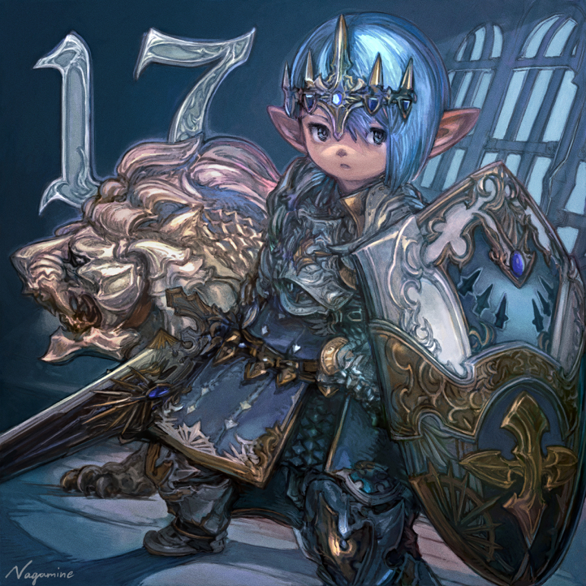 1other androgynous armor armored_boots blue_eyes blue_hair boots breastplate diadem fighting_stance final_fantasy final_fantasy_xiv highres holding holding_shield holding_sword holding_weapon lalafell lion looking_at_viewer nagamine_hiroyuki paladin parted_lips pointy_ears shield short_hair signature sword weapon