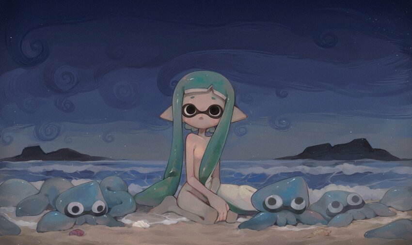 1girl beach beached black_eyes blank_stare blue_sky blunt_bangs breasts cloud cloudy_sky commentary_request completely_nude domino_mask empty_eyes expressionless green_hair highres inkling inkling_girl inkling_player_character island liang_cun_rakuna light_blush light_particles long_hair looking_at_viewer mask nintendo no_mouth no_nipples nude ocean outdoors pointy_ears seashell seiza shell short_eyebrows short_hair_with_long_locks sitting sky small_breasts solo splatoon_(series) squid tentacle_hair very_long_hair waves wide_shot