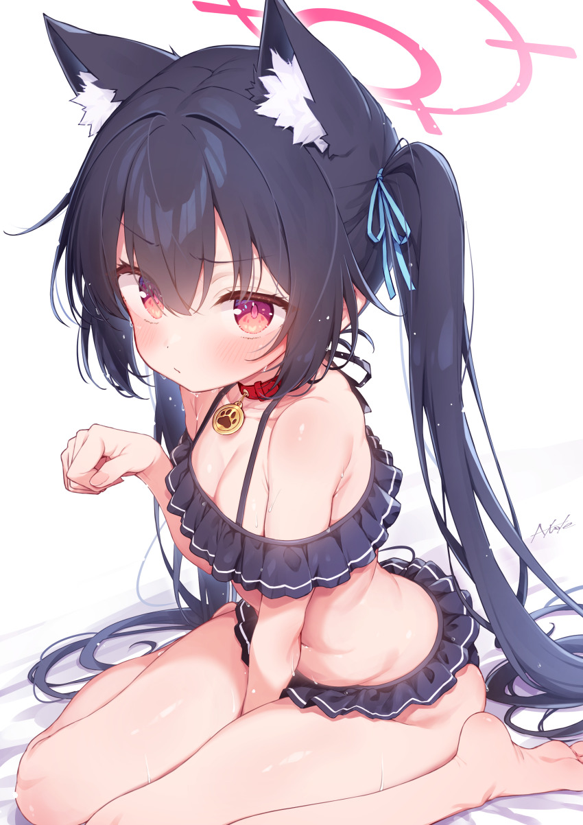 1girl absurdres animal_ear_fluff animal_ears bikini bikini_skirt black_bikini blue_archive blush breasts cat_ears cat_girl cat_tail cleavage closed_mouth e-note extra_ears frilled_bikini frills halo highres long_hair looking_at_viewer medium_breasts off-shoulder_bikini off_shoulder official_alternate_costume paw_pose pink_halo red_halo serika_(blue_archive) serika_(swimsuit)_(blue_archive) sitting solo swimsuit tail twintails wariza white_background