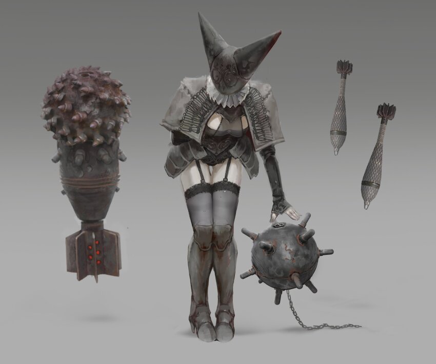 1girl absurdres aerial_bomb ammunition armor artillery_witch bent_over breasts chain explosive fogartart garter_straps grey_background helmet highres jewelry leg_armor medium_breasts mine_(weapon) mortar_shell naval_mine necklace panties standing thighhighs trench_crusade underwear witch