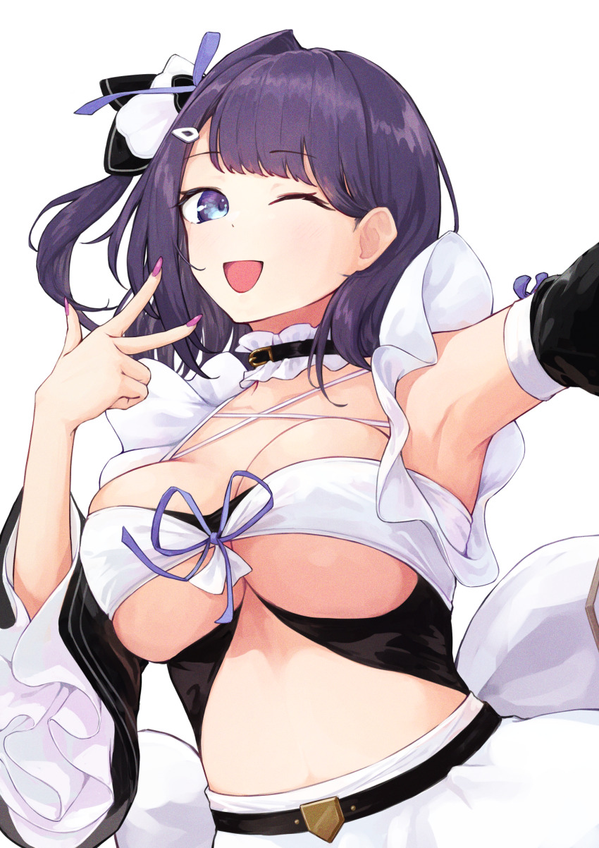 1girl ;d azur_lane blue_eyes breast_strap breasts collar commentary detached_sleeves frilled_collar frills hair_ornament highres large_breasts liverpool_(azur_lane) long_hair looking_at_viewer one_eye_closed open_mouth purple_hair purple_nails simple_background single_hair_intake skirt smile solo umiya_mizuki w white_background white_skirt wide_sleeves