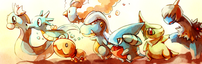 axew bagon deino_(pokemon) dratini fangs gen_1_pokemon gen_3_pokemon gen_4_pokemon gen_5_pokemon gible highres horsea nintendo no_humans pokemon pokemon_(creature) profile sa-dui swablu trapinch walking