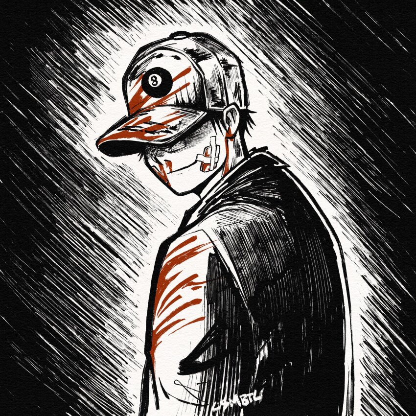 1boy 8-ball ai_coleman ball bandage_on_face bandages baseball_cap billiard_ball blood blood_on_clothes blood_on_face blood_on_hat csmbtc dorohedoro greyscale hat highres inktober male_focus monochrome nosebleed signature solo spot_color upper_body