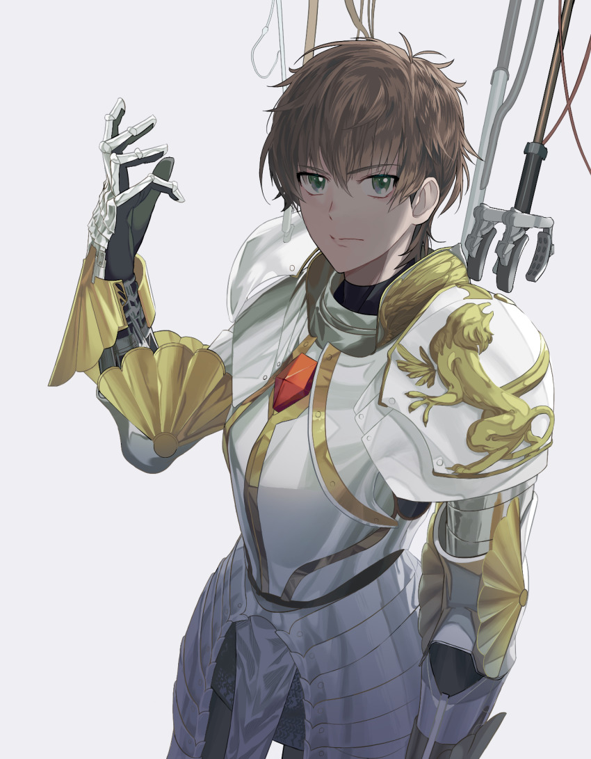 1boy armor black_gloves brown_hair code_geass cosplay gloves green_eyes grey_background hair_behind_ear highres kururugi_suzaku lancelot_(code_geass) lancelot_(code_geass)_(cosplay) lancelot_z-01 looking_at_viewer male_focus metal_gloves nanidato_(nanidat0) open_hand solo v-shaped_eyebrows
