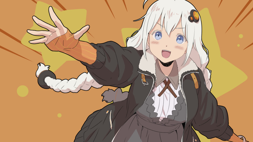 1girl absurdres black_coat blue_eyes blush bracelet braid breasts coat commentary dress elbow_gloves emphasis_lines fingerless_gloves fur-trimmed_coat fur_trim gloves grey_dress hair_ornament highres jewelry kizuna_akari long_hair medium_breasts open_mouth orange_background orange_gloves outstretched_arm smile solo star_(symbol) star_symbol_background striped_clothes striped_gloves tarokazu twin_braids upper_body v-shaped_eyebrows very_long_hair vocaloid voiceroid white_hair