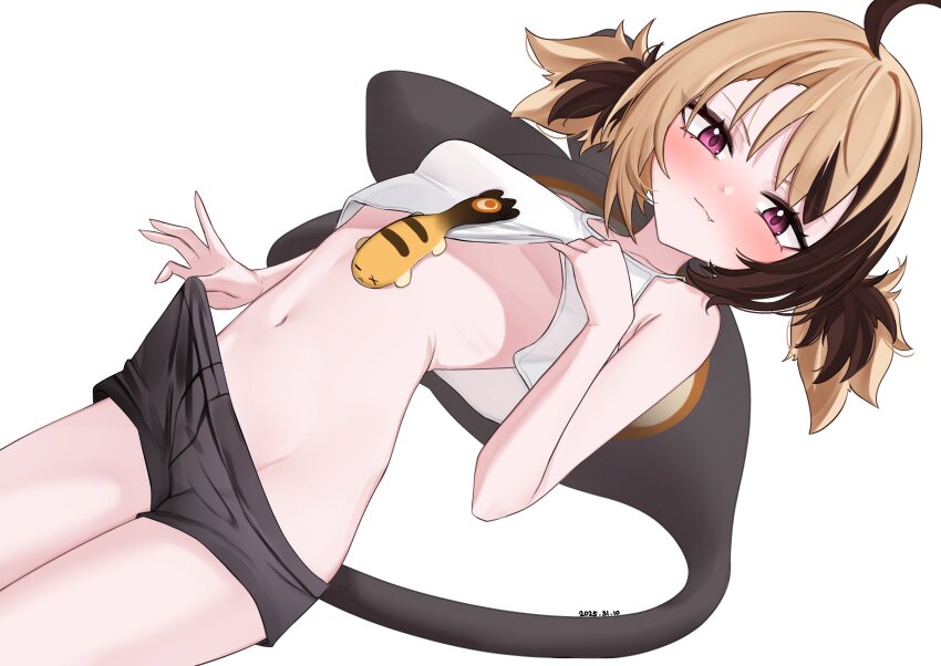 1girl absurdres ahoge ausseh1 bike_shorts black_shorts blonde_hair blush breasts brown_hair clothes_lift clothes_pull gigi_murin grem_(gigi_murin) highres hololive hololive_english huge_ahoge looking_at_viewer multicolored_hair navel no_bra pink_eyes pulling_own_clothes shirt short_hair short_twintails shorts simple_background small_breasts smile solo tail twintails two-tone_hair underboob undressing virtual_youtuber white_background