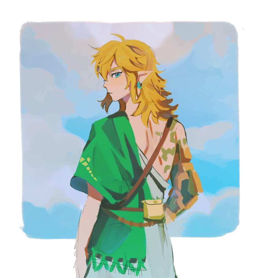 1boy aqua_eyes asymmetrical_clothes belt_pouch blonde_hair commentary cowboy_shot dress earrings english_commentary green_vest highres jewelry link looking_back male_focus medium_hair nintendo pointy_ears pouch seirorath sidelocks single_bare_shoulder solo the_legend_of_zelda the_legend_of_zelda:_tears_of_the_kingdom vest