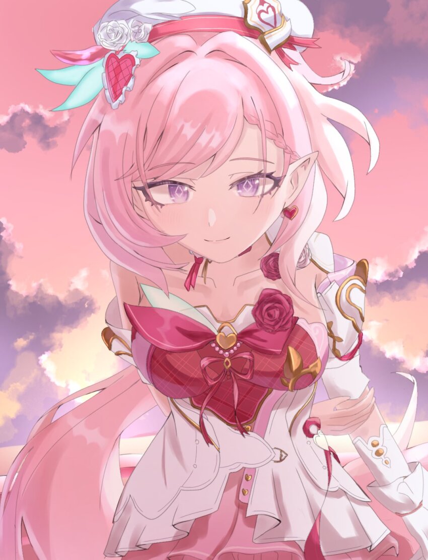 1girl beret breasts chiri_06 commentary_request diamond-shaped_pupils diamond_(shape) dress earrings elf elysia_(hi_love_elf)_(honkai_impact) elysia_(honkai_impact) hat heart heart_earrings highres honkai_(series) honkai_impact_3rd jewelry large_breasts long_hair looking_at_viewer multicolored_hair pink_hair pink_sky pointy_ears purple_eyes red_dress sky smile solo symbol-shaped_pupils two-tone_dress two-tone_hair very_long_hair white_dress white_hair