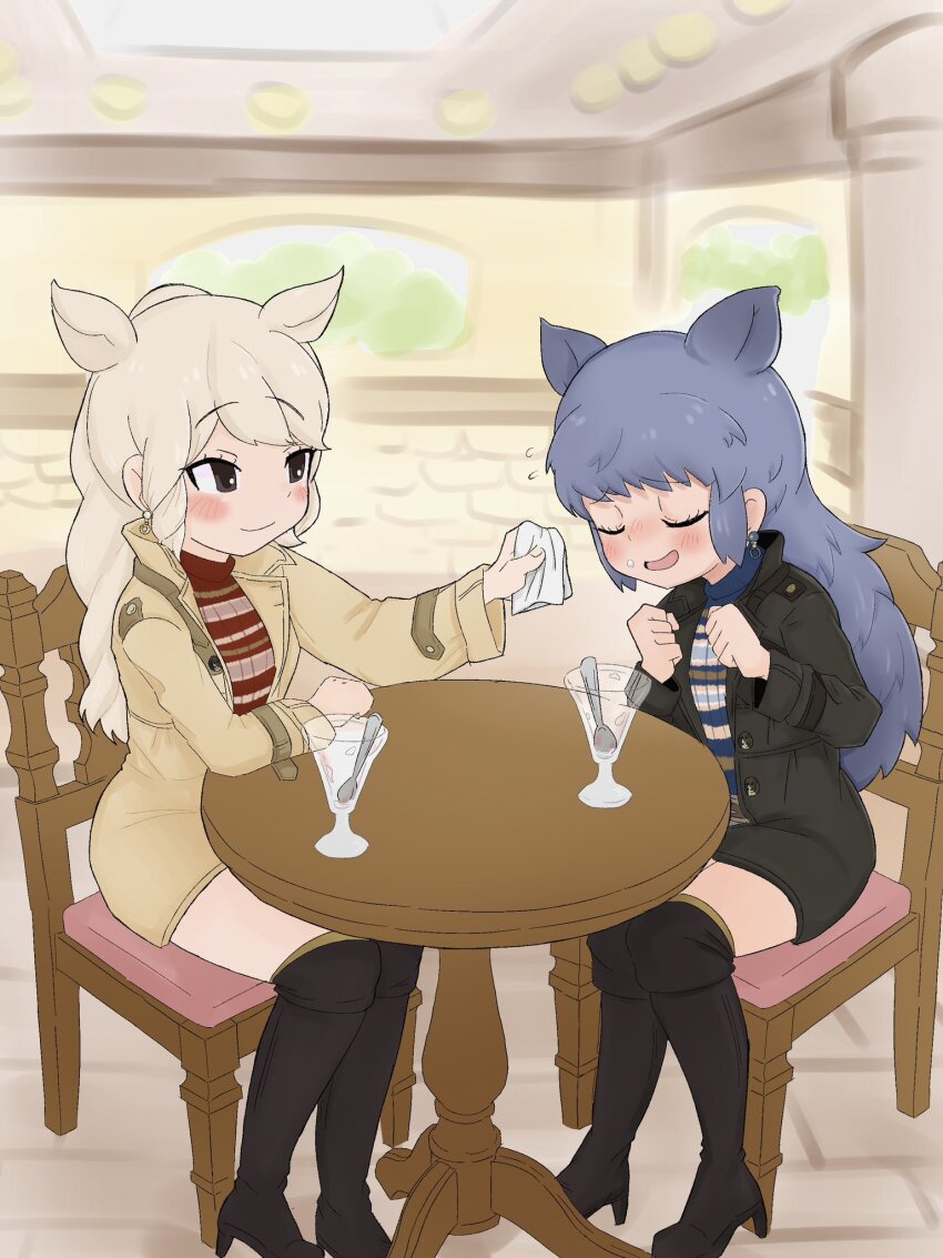 0bekenzene alternate_costume animal_ears black_boots black_jacket black_rhinoceros_(kemono_friends) blue_sweater blush boots brown_eyes brown_jacket casual chair earrings extra_ears flying_sweatdrops food food_on_face grey_hair hair_between_eyes handkerchief high_collar high_heels highres jacket jewelry kemono_friends kemono_friends_3 long_hair long_sleeves looking_at_viewer matching_outfits multicolored_sweater official_alternate_costume open_mouth parfait_glass ponytail red_sweater rhinoceros_ears rhinoceros_girl sidelocks sitting smile sweater table thigh_boots turtleneck turtleneck_sweater white_hair white_rhinoceros_(kemono_friends)