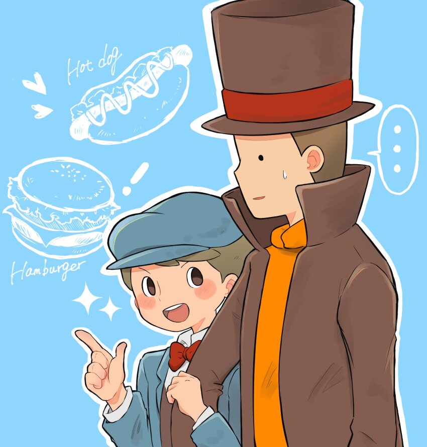 ... 2boys :d arm_grab black_eyes blue_background blue_headwear blue_jacket blush bow bowtie brown_hair brown_headwear brown_jacket brown_vest burger newsboy_cap collared_shirt commentary_request english_text excited food hand_up hands_up hat heart hershel_layton high_collar highres hot_dog jacket kiwami_(kiwamimuneko) long_sleeves looking_at_another luke_triton male_focus multiple_boys open_clothes open_jacket open_mouth orange_sweater outline professor_layton red_bow red_bowtie shirt short_hair smile sparkle spoken_ellipsis sweatdrop sweater top_hat upper_body v-shaped_eyebrows vest white_outline white_shirt