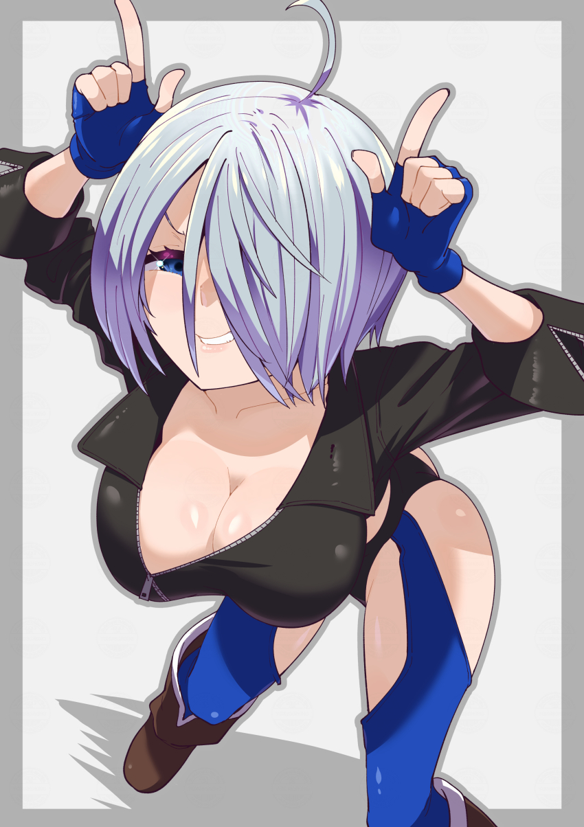 1girl absurdres angel_(kof) ass bent_over blue_eyes boots breasts cleavage female_focus gloves hands_up highres jacket large_breasts leather looking_at_viewer panties short_hair smile smiley_face standing the_king_of_fighters thighs tokucho3130599 underwear white_hair