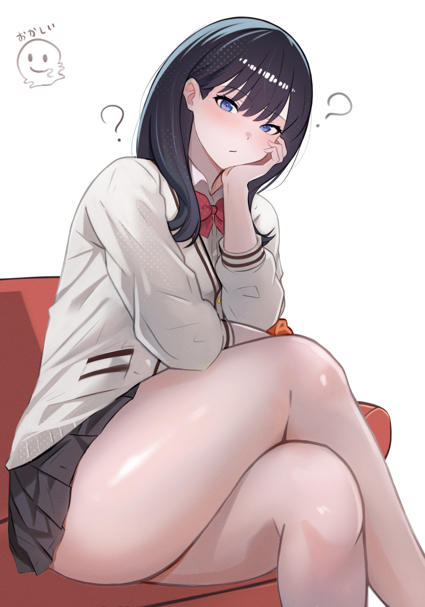 1girl ? absurdres black_hair black_skirt blue_eyes blush bow bowtie cardigan closed_mouth collared_shirt commentary_request couch crossed_legs gridman_universe highres long_sleeves looking_at_viewer pleated_skirt red_bow red_bowtie school_uniform shee-p_(inemurisheep113) shirt simple_background sitting skirt solo ssss.gridman takarada_rikka thick_thighs thighs white_background white_cardigan white_shirt