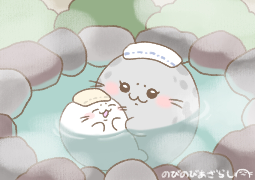 2others :3 animal animal_focus animal_hug black_eyes bush eyelashes happy harp_seal highres mother_and_child multiple_others no_humans nobinobi_azarashi onsen original rock seal_(animal) signature spotted_seal steam towel towel_on_head water whiskers