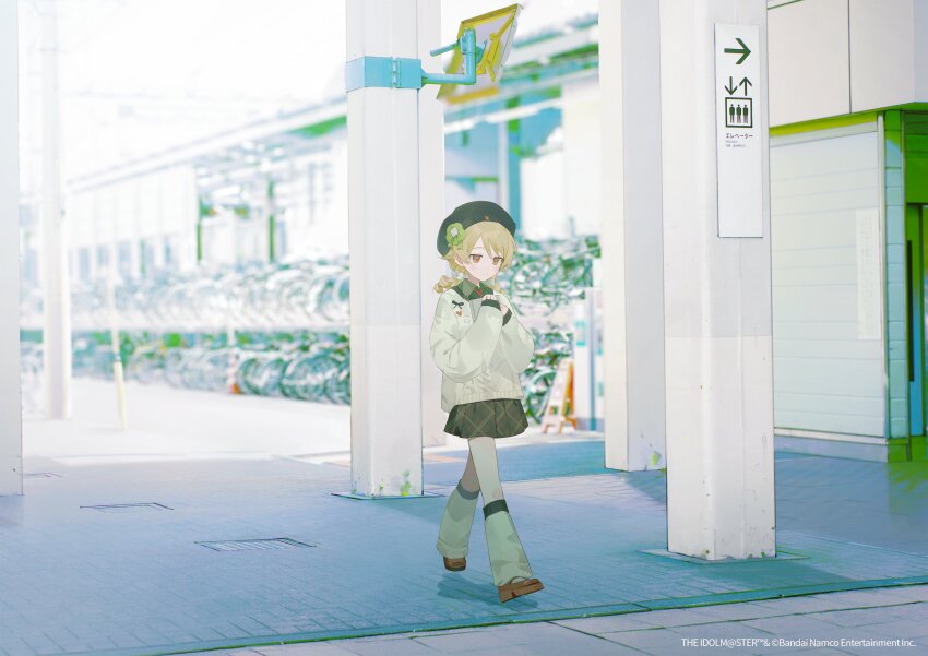 1girl absurdres beret bicycle brown_eyes brown_hair cardigan copyright_name copyright_notice expressionless fragments_of_the_idolmaster_cinderella_girls full_body hat highres idolmaster idolmaster_cinderella_girls loafers looking_to_the_side loose_socks makagi2 morikubo_nono official_art real_world_location ringlets shoes skirt socks solo walking
