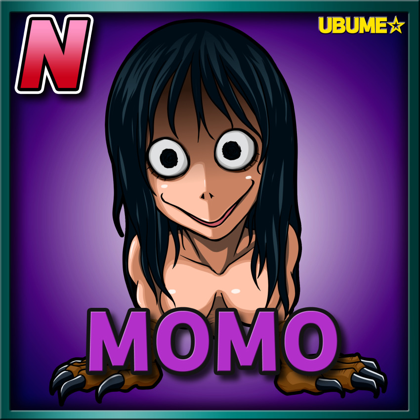 1girl black_eyes black_hair blue_border border card_(medium) card_parody character_name commentary_request copyright_name full_body highres horror_(theme) long_hair looking_at_viewer meme meta_meta momo_(meme) open_mouth original purple_background solo star_(symbol)