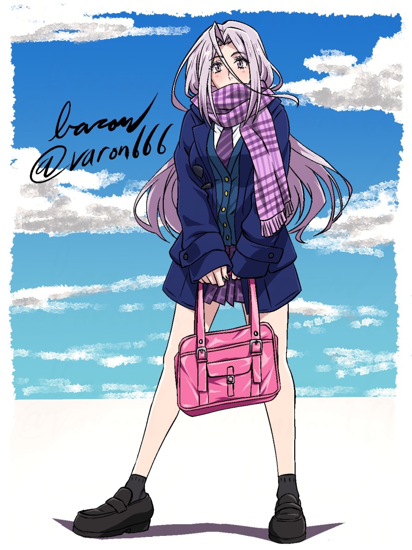 1girl baron_(varon666) fuuto_tantei highres long_hair matching_hair/eyes purple_eyes purple_hair scarf scarf_over_mouth solo tokime_(fuuto_tantei) varon